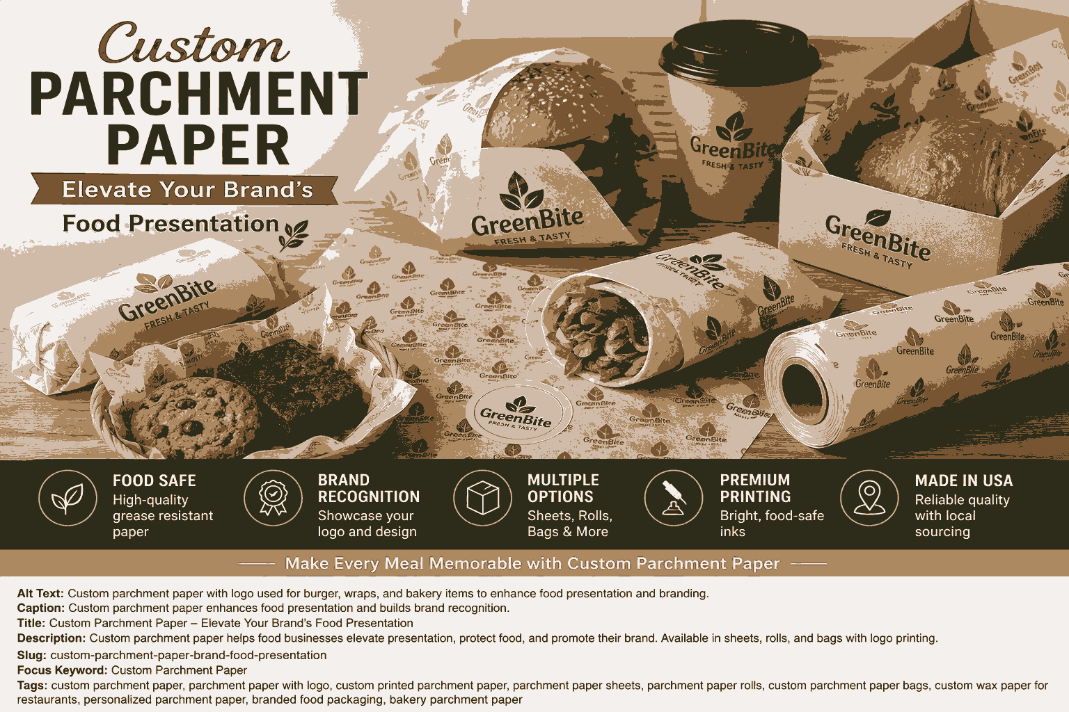 Custom parchment paper with logo used for burgers, wraps, and bakery items to enhance food presentation and branding