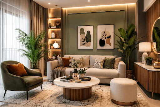 Modern living room with stylish green armchair, beige sofa, warm shelving lighting, and indoor palm plant