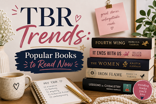 A cozy bookish layout displaying a stack of popular TBR books including Fourth Wing, It Ends with Us, and The Women alongside a cup of coffee and a notebook titled TBR Trends
