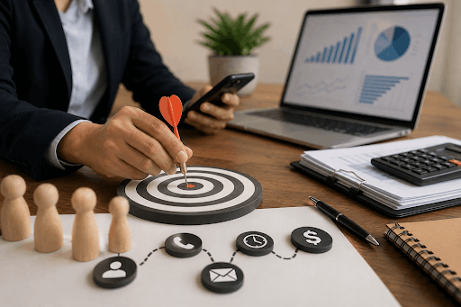 Professional placing a dart on a bullseye target surrounded by communication icons and wooden figures