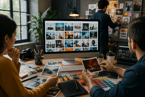 Graphic designer reviewing stock photos on desktop monitor and printed photo mockups at creative agency workspace