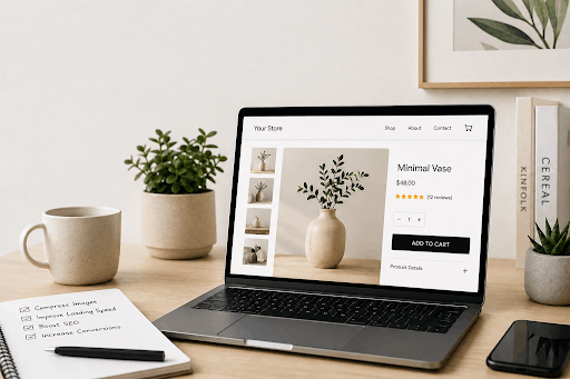 Laptop displaying a Squarespace online store product page next to a notepad with image optimization checklist and a ceramic coffee mug
