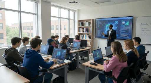 Students in a modern university classroom working on laptops, illustrating the role of artificial intelligence in higher education.
