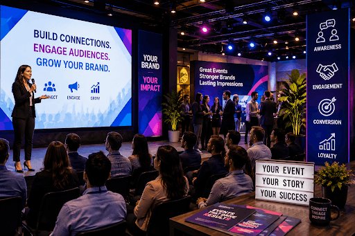 Keynote speaker presenting on stage at a corporate event with a slide displaying 'Build Connections, Engage Audiences, Grow Your Brand