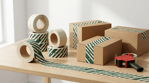 Roll of custom printed packaging tape used for sealing a cardboard box