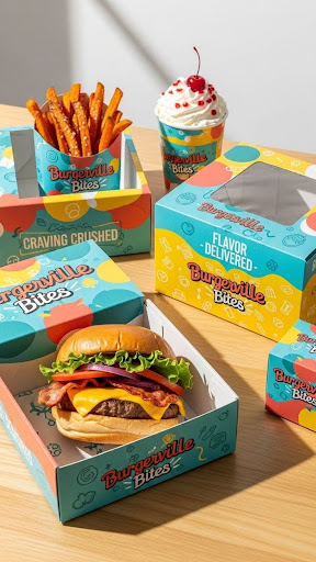 Custom printed fast food packaging box filled with sweet potato fries alongside a branded drink cup