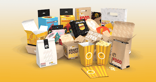A variety of custom food packaging materials including kraft boxes, pop-corn buckets, and food pouches.
