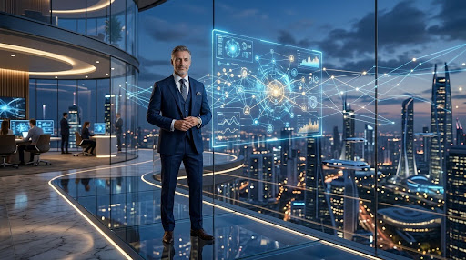A professional lawyer in a modern law office standing next to digital data analytics network graphics representing legal SEO growth.