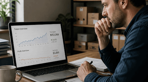 Laptop screen displaying high total sales of $153,260 alongside a low net profit of $3,260 next to a coffee cup.