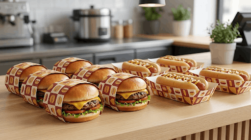 Row of delicious burgers and hot dogs wrapped in custom printed paper displayed on a wooden table