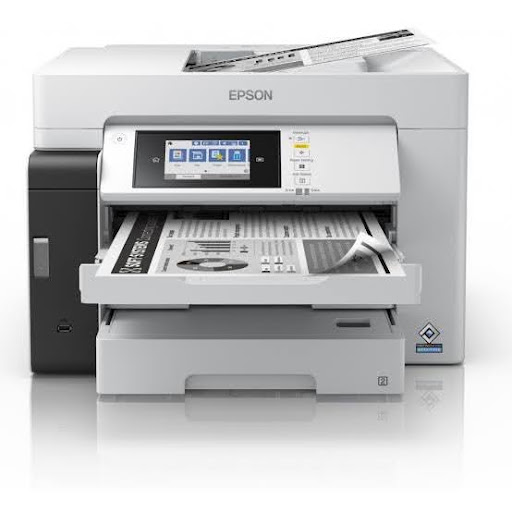 Close-up view of an Epson A3 printer on a office desk.