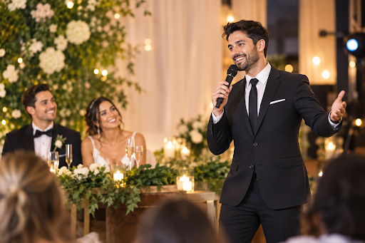 A lively wedding MC holding a microphone and interacting with enthusiastic guests at a reception venue.