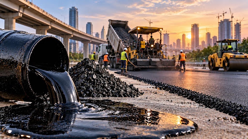 Industrial asphalt paving equipment laying hot bitumen mixture on a road surface