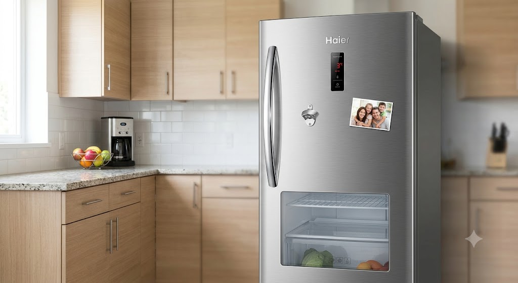 Modern Haier single door refrigerator with digital temperature display in a contemporary kitchen setting