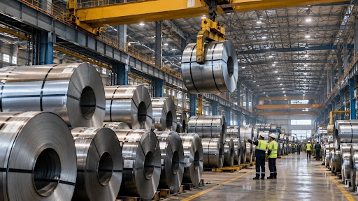 Industrial warehouse displaying stacked steel coils for procurement and supply chain manufacturing
