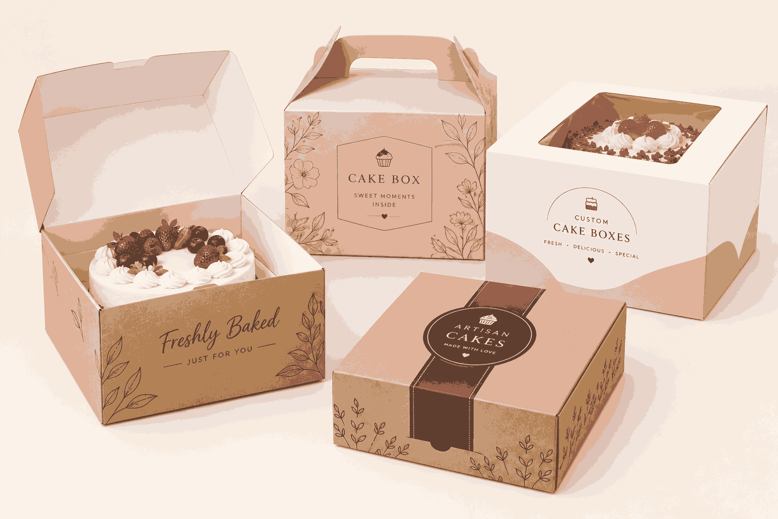 Eco-friendly brown kraft paper custom cake boxes with handles and die-cut display windows