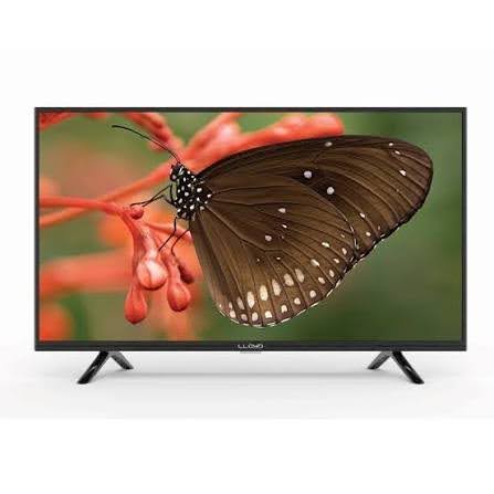 Black 43-inch smart LED TV showing a butterfly on a flower screen saver
