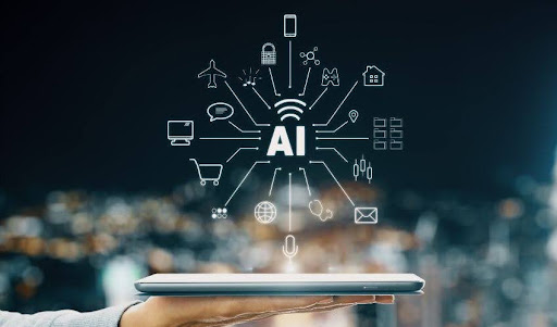 Illustration showing AI technology network connecting digital marketing icons, a shopping cart, web search, and a laptop